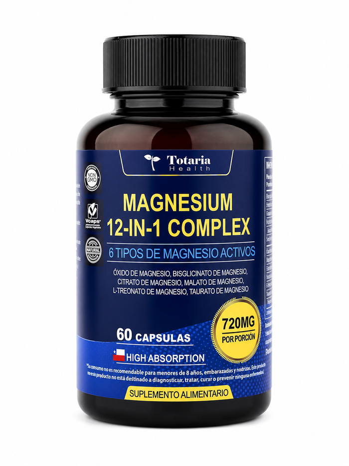 Magnesio 12 en 1 · 6 tipos de magnesio · 60 cápsulas